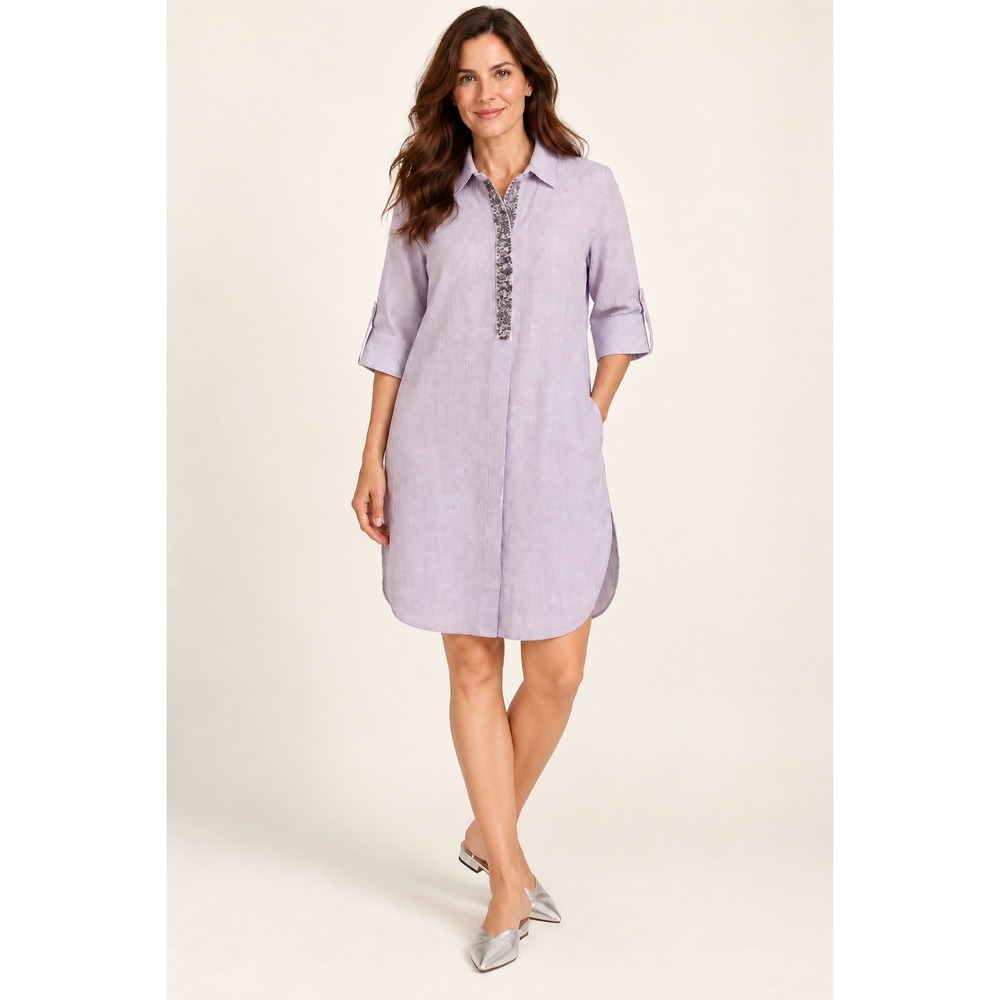 Chico's Embellished Shirt Dress Size 2 12/14 Purple Stripe Linen Blend 41"